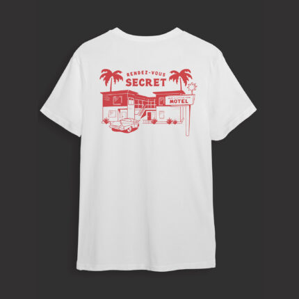 Derrière d'un t-shirt avec design d'un Motel des années 70'.